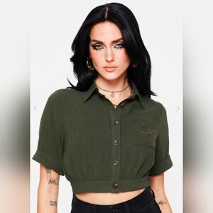 Disturbia Foliate Linen-Blend Embroidered Short Sleeve Crop Shirt